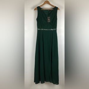 NWT MISSMAY Deep Emerald Green Lace Beaded Sequin Evening Dress size L